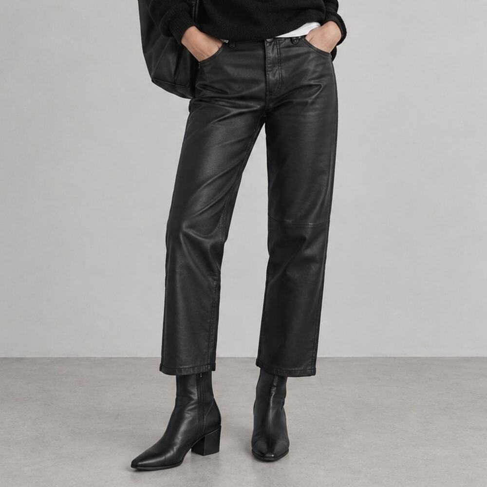 Rag&bone Harlow Leather Pants Womens 30 Black High-rise Straight-Leg Crop Logo